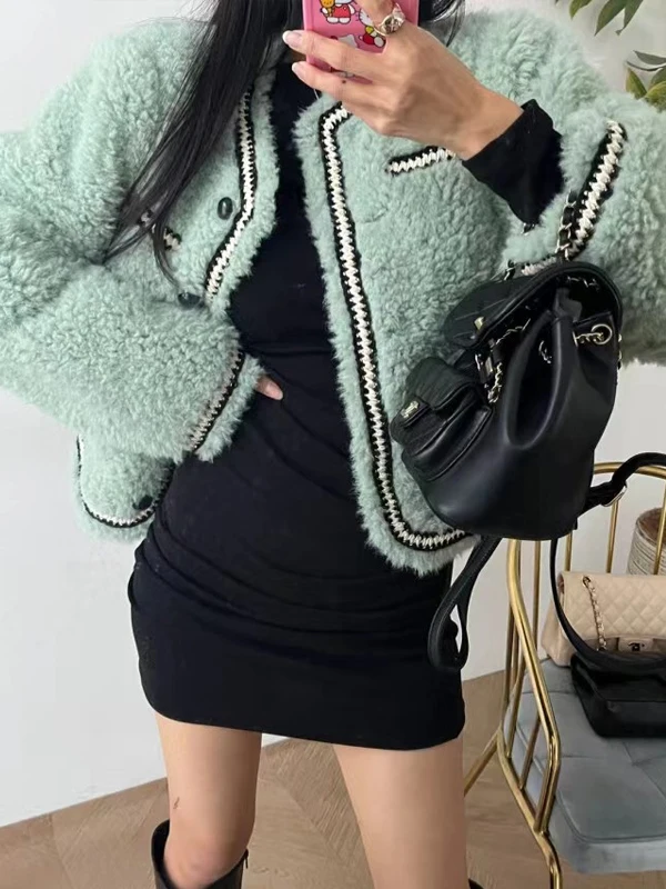 Chic dulce adorno Floral Color Blo piel Jaet mujer sensación de gama alta Plu piel cuero intercomado prendas de vestir exteriores coreano Sle