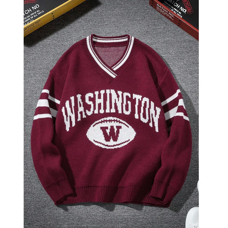 

Y2K Clothing Oversized Harajuku V Neck Letter Print Vintage Men Korean Pullovers Sweaters Women Knitted Streetwear Maiden Loose