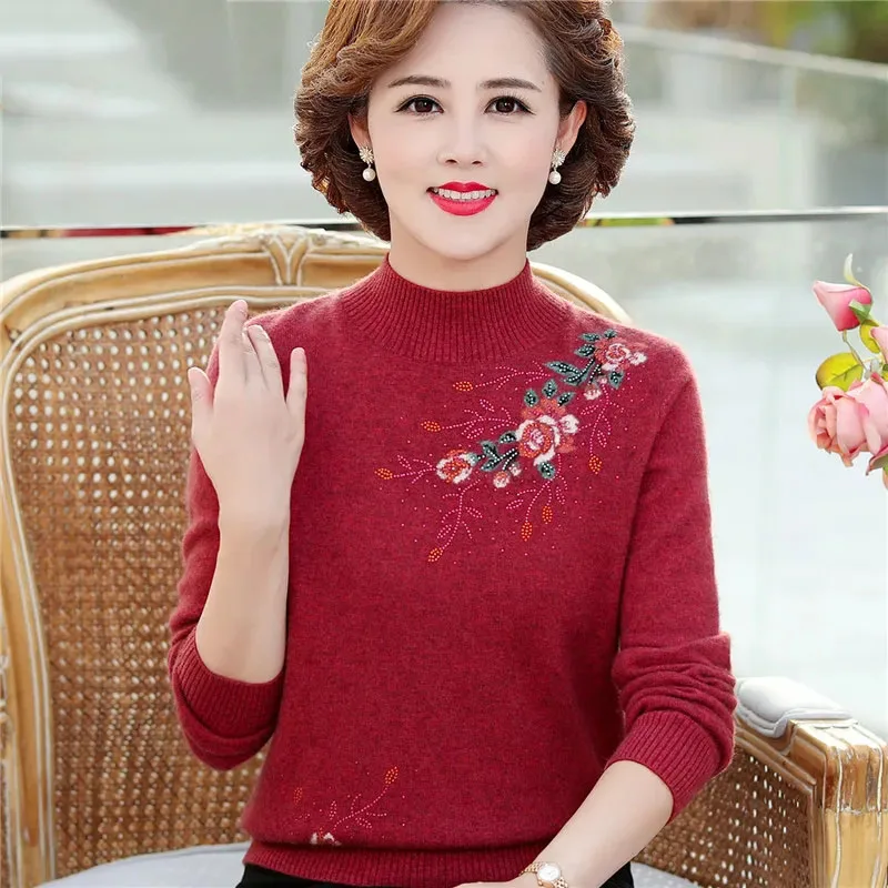 Middle-aged Mother Cashmere Sweater Autumn Winter Half Turtleneck Thicken Knitted Pullovers Women Embroidered Knit Jumper 5XL