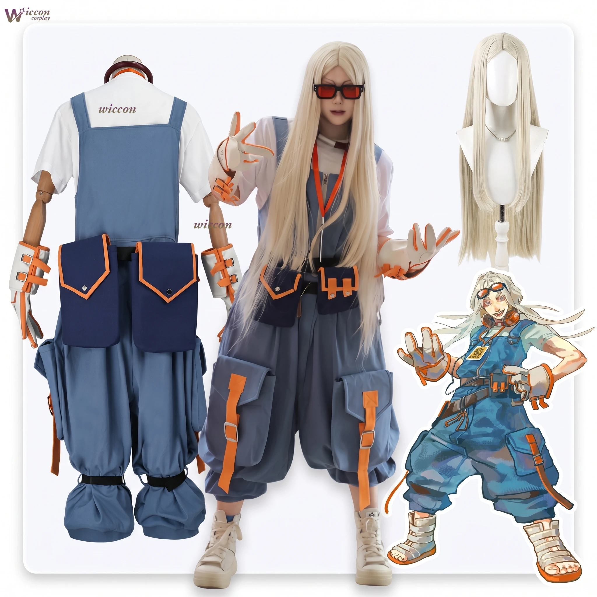 Disfraz de Cosplay de August Stilza de Gachiakuta, Traje de Trabajo Azul Claro, Guantes con Detalles Naranjas, Conjunto Completo para Halloween, Navidad, Carnaval