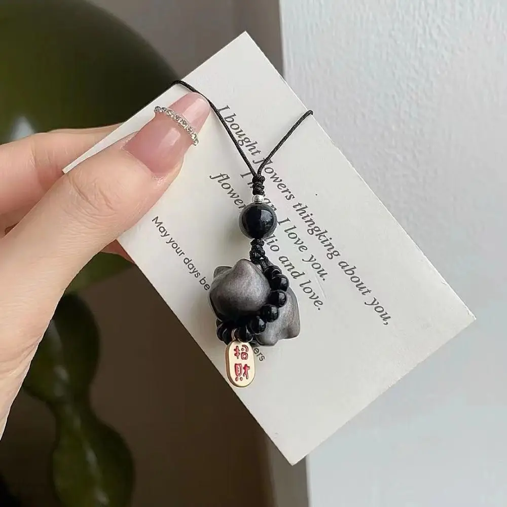 Silver Obsidian Cat Lucky Cat Keychain Bag Charms Weave Rope Stone Braid Rope Pendant Ornament Hanging Car Key Ring Gift