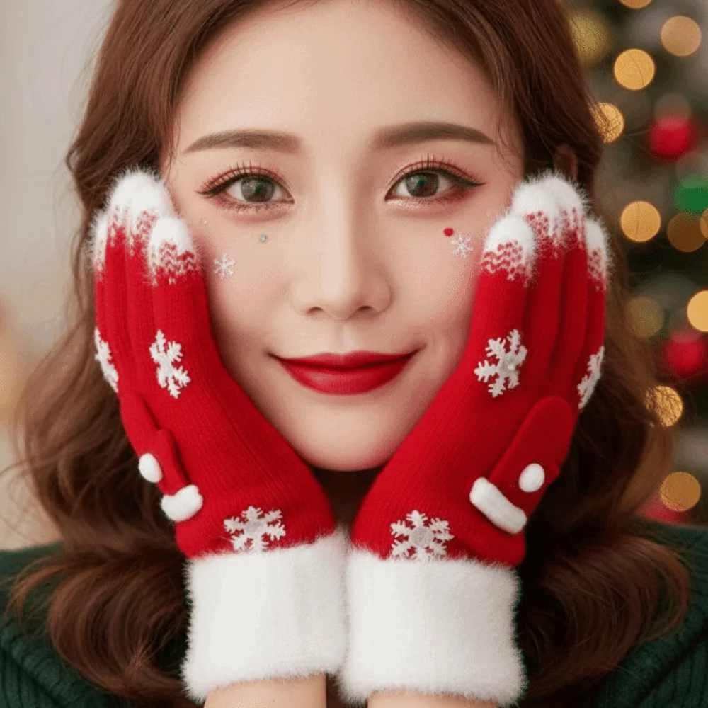 Red Green Christmas Gloves Knitted Woolen Plush Cuff Winter Knit Mittens Thick Lining Elastic Wrist Full Finger Gloves Teens