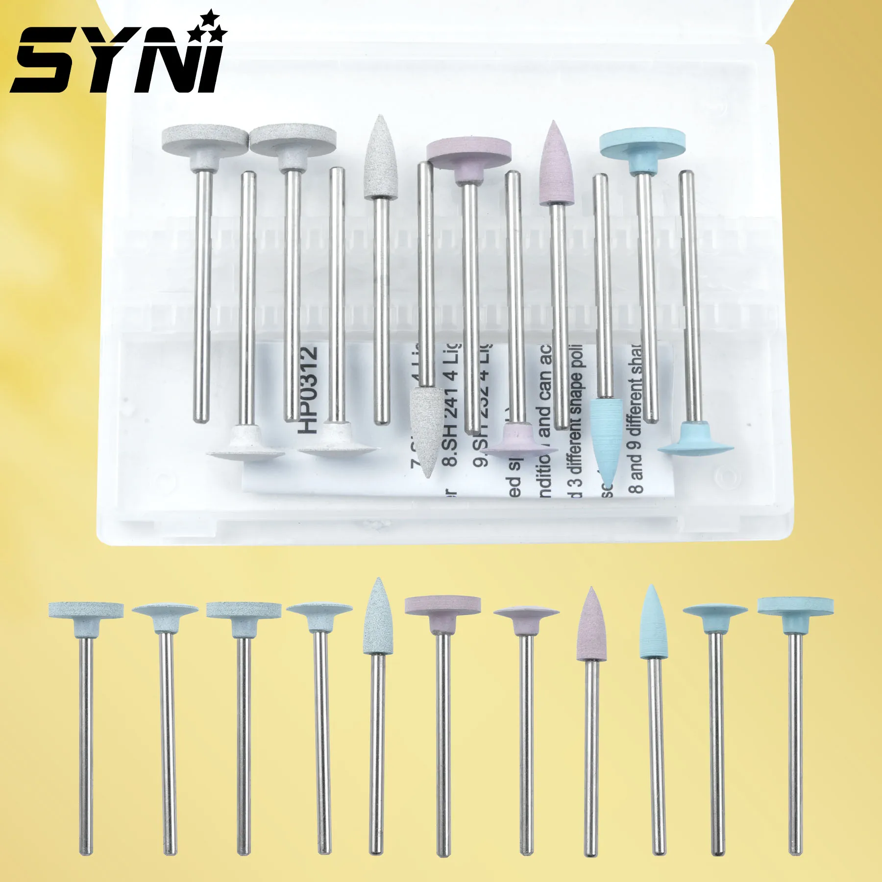 12 Pcs/Box SYNI Dental Silicone Polishers HP0312 Dental Porcelain Restoration Set for Low Speed Handpiece Teeth Polishing Kits