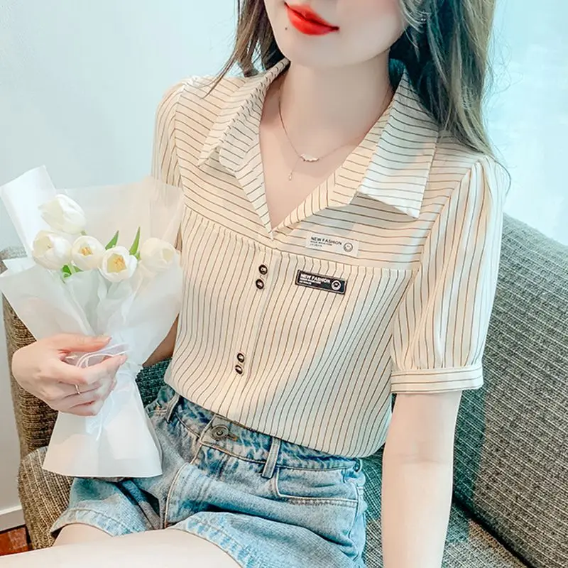 

Women Clothes Summer Fashion Simplicity Striped Polo Collar Short Sleeve Femme Office Lady All-match Temperament Appear Thin Top