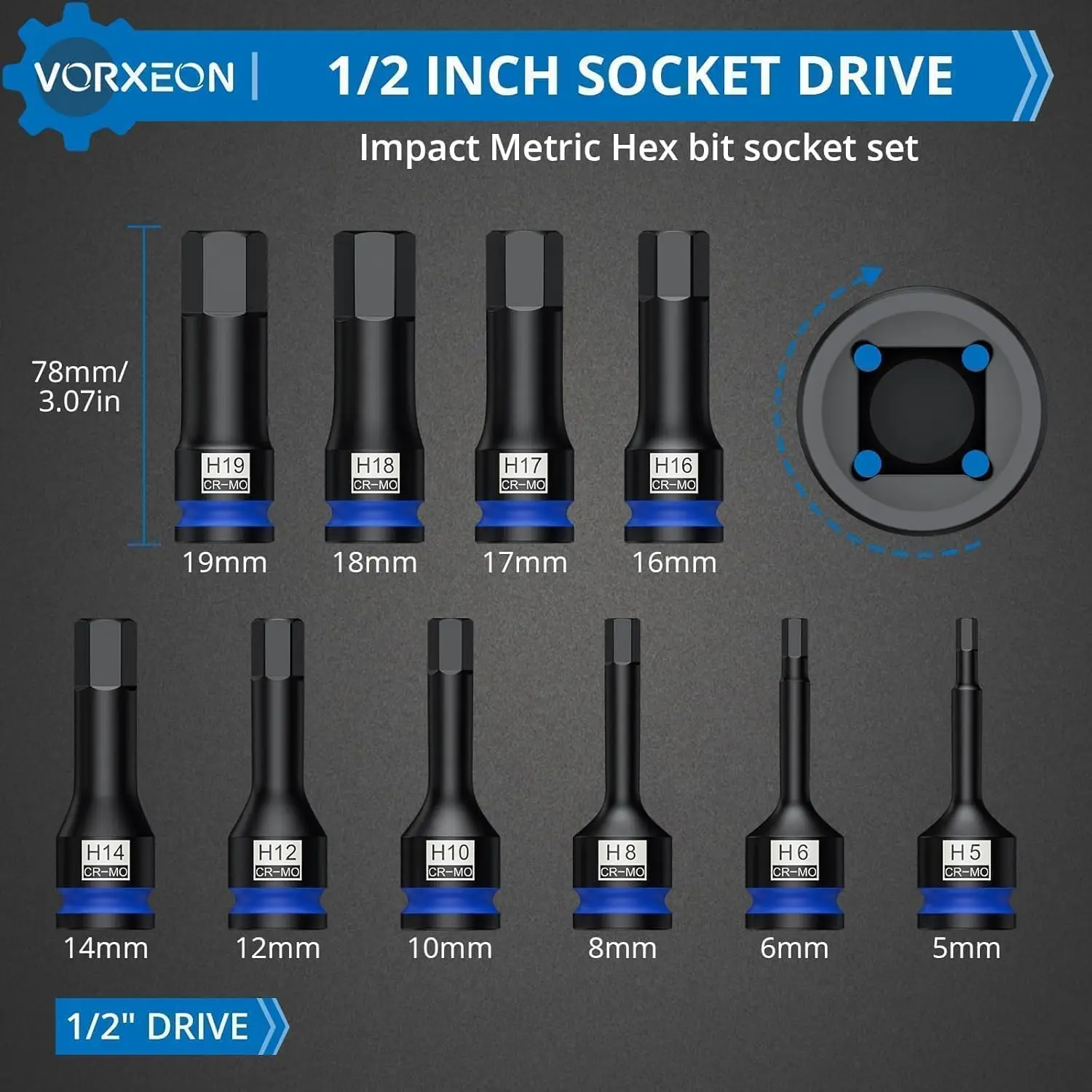 مجموعة لقم سداسية ذات تأثير متري مكونة من 10 قطع 1/2 بوصة 42Cr-Mo 5-19 مم، قطعة واحدة، مع حافظة