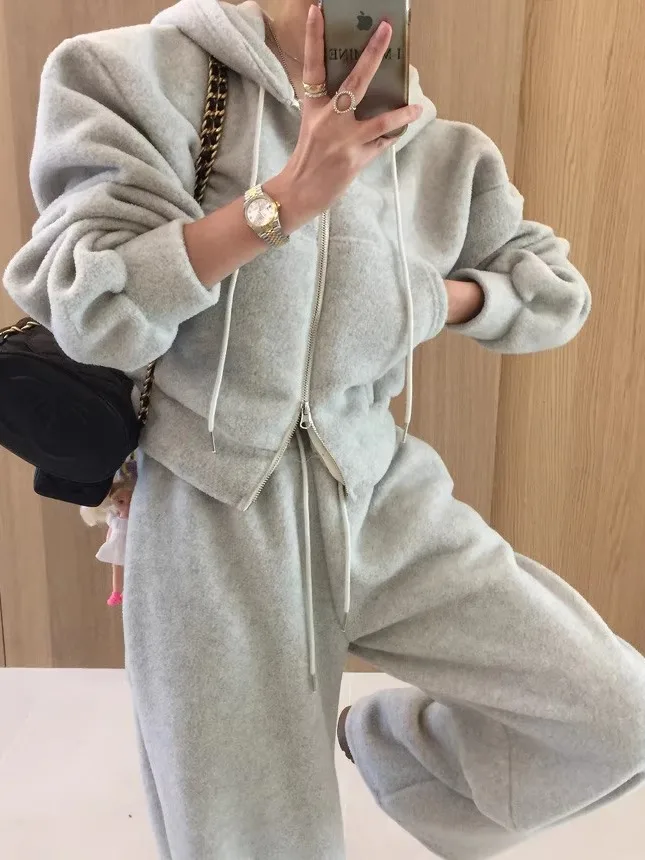 

Women's Thiened Fce Hoodie Jaet Zipper Waist-Cinching Autumn Winter Warm Long Pants Set Casual Faion Outerwear