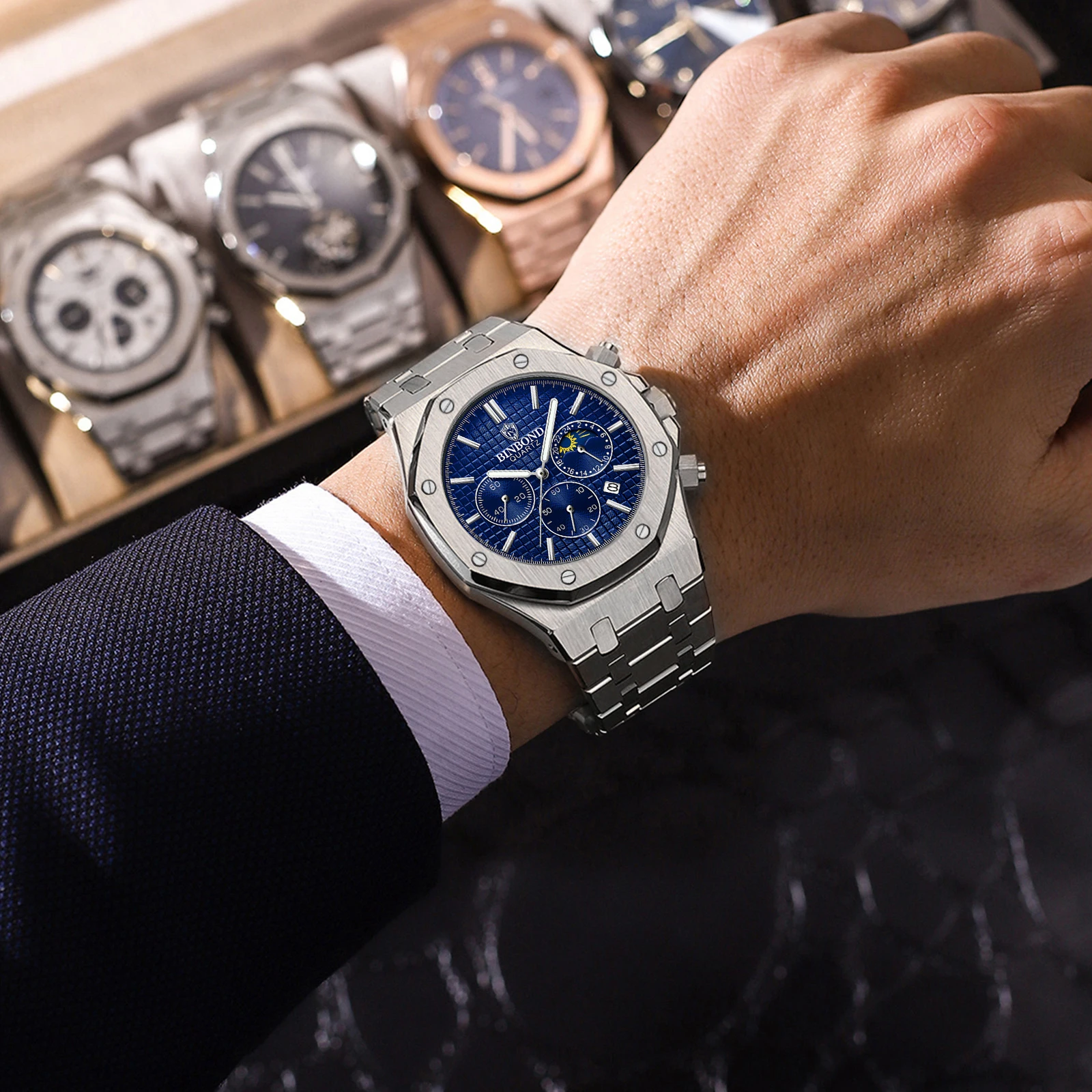 ساعات BINBOND Fine Steel للرجال، ساعة كوارتز أصلية للأعمال، مقاومة للماء، تاريخ مضيء، مرحلة القمر