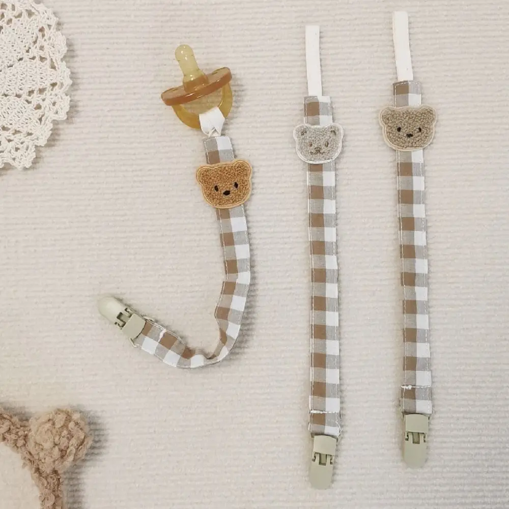 Anti-lost Embroidery Baby Cloth Pacifier Chain Lattice Bear Soother Holder Dummy Clips Adjustable Nipple Holder Clips Toddler