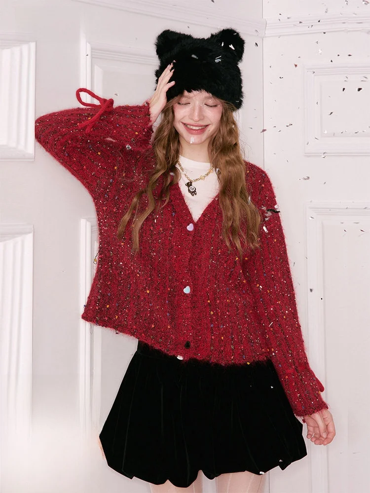 

Красный свитер с V-образным вырезом и блестками, женский зимний повседневный длинный свободный вязаный топ, новогодний милый наряд