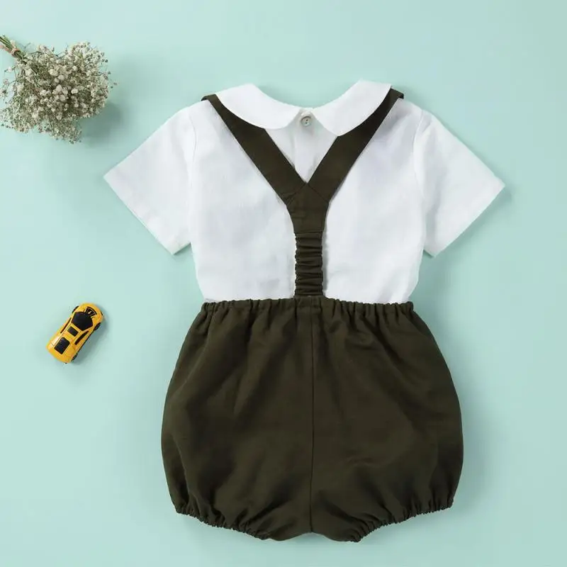 Baby Boy Boutique Clothes Set Children White Embroidered Shirt Suspender Shorts Outfit Toddler Spanish Clothing Peter Pan Collar