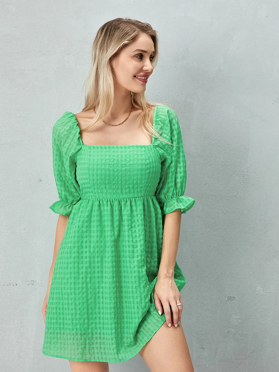 فستان قصير غير رسمي نسائي ، كم قصير منفوش ، رقبة مربعة ، ملابس حفلات ، صيف