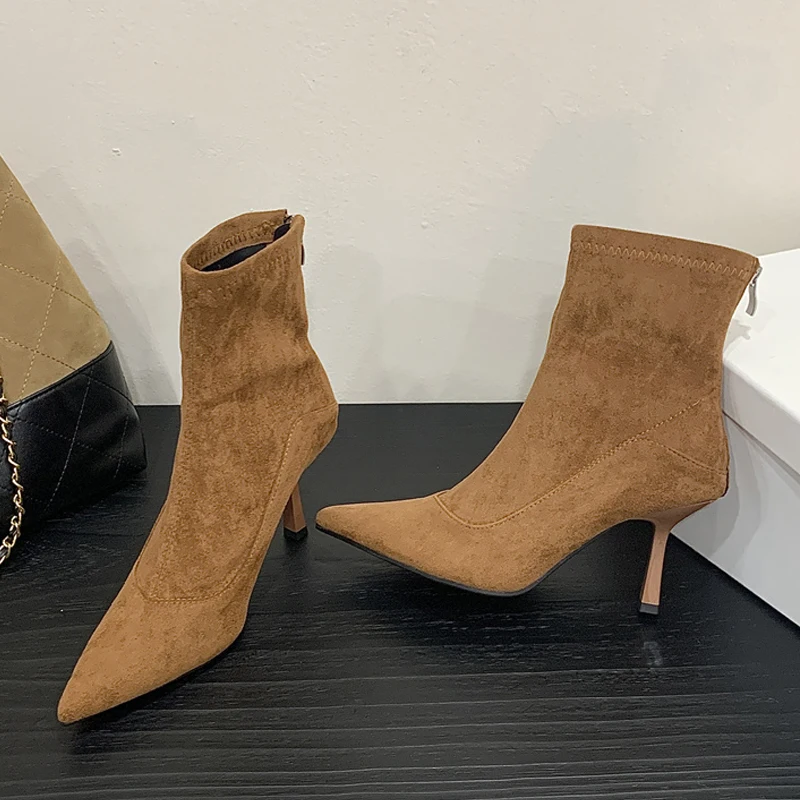 

Liyke Autumn Winter Stretch Suede Slim Ankle Boots Women Pointed Toe Thin Heels Shoes Brown Retro Elegant Designer Short Boots