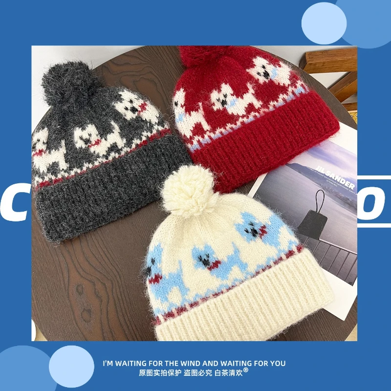 جديد لطيف جرو الجاكار Furball تصميم محبوك قبعة الرجال والنساء الشتاء في الهواء الطلق سميكة الدافئة سدادات حماية الأذن الجمجمة الفول قبعة