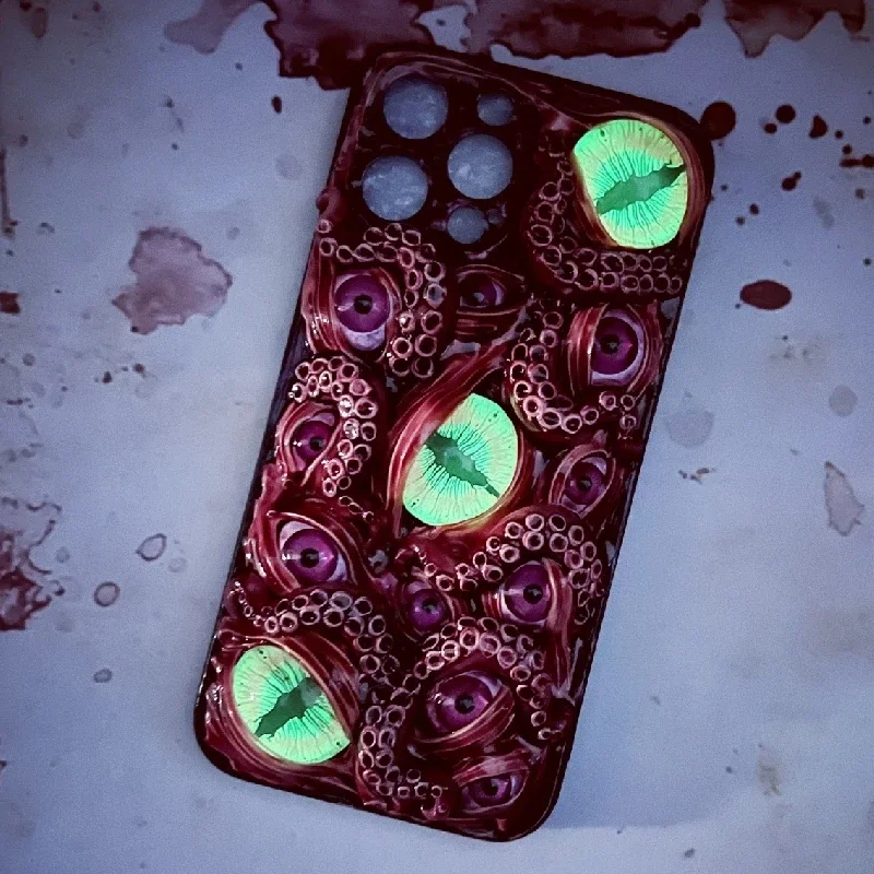 

4101 Handmade Mobile Phone Case Original 3D Cthulhu Tentacle Luminous Eyes Mobile Phone Case Custom Christmas Halloween Gift