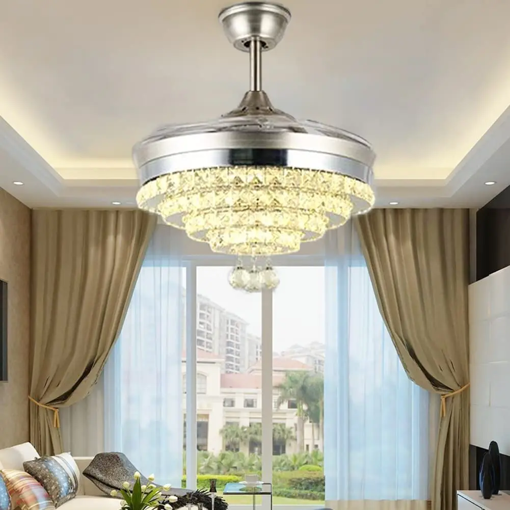 Modern 42inch Crystal Invisible Fan Chandelier with Remote Control Retractable Blade Adjustable 3 Color and 3 Speed Lighting Fan