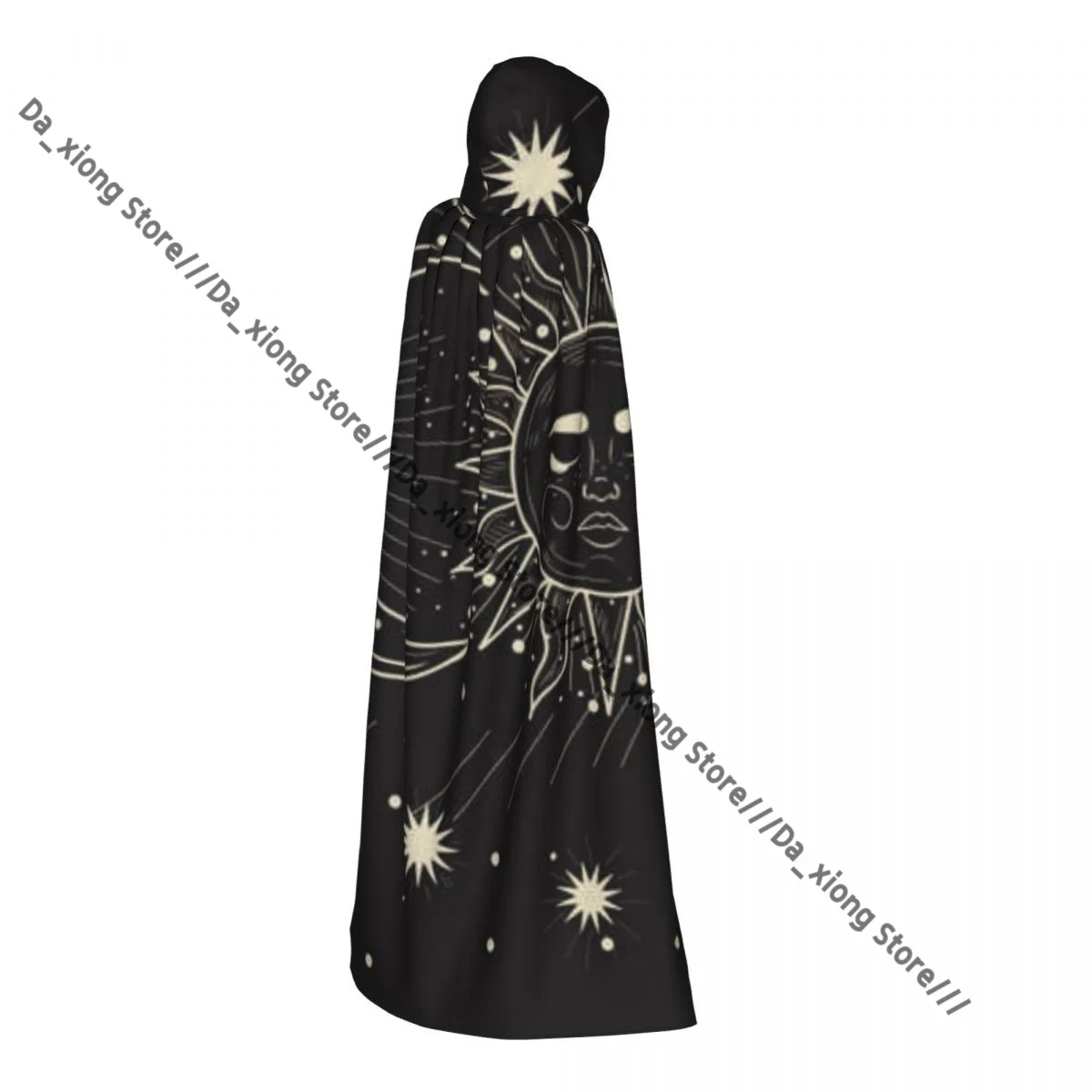 Mystical Sun With Face And Crescent Moon Witch Cloak Hooded Cosplay Costume Halloween Adult Long Party Cape