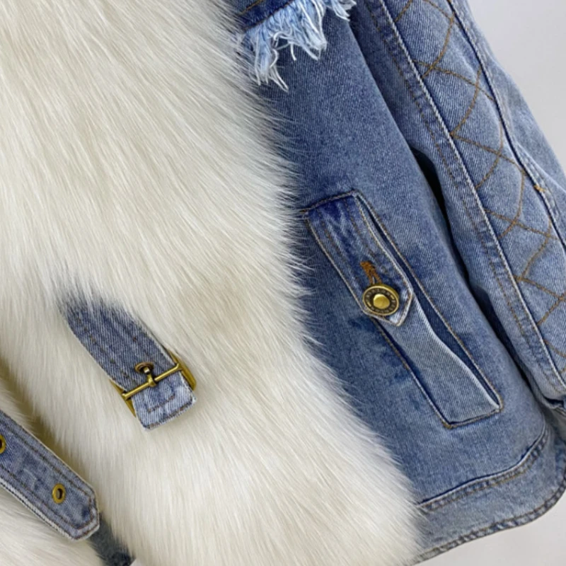 Nieuwe Winter Vrouwen Donzen Denim Jack Echte Vossenbont Jas Hoge Kwaliteit Dikke Dikke Big Kraag Korte Warme Losse Mode Parka