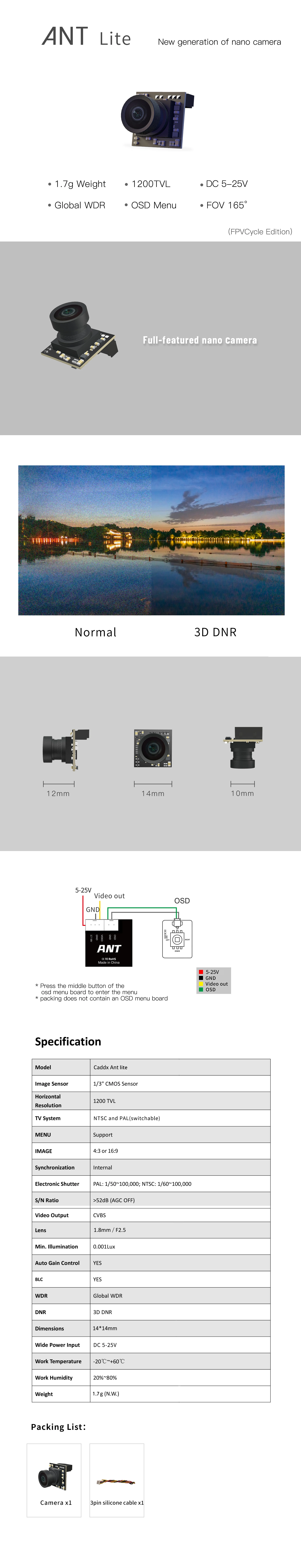 CADDX Ant FPV Kamera/Ant Lite Analogkamera (FPV Cycle Edition) 1200TVL 4:3/16:9 NTSC/PAL Nano Kamera für FPV RC Racing Drone – Detail 2
