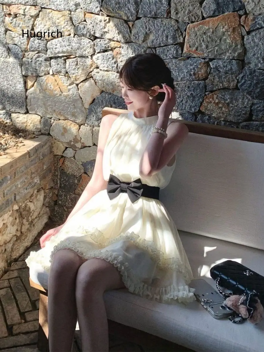 :Women Sleeveless Vintage Bow Short Dress French Style Slim Fit Flared Skirt For Summer Party Casual Daily Outing