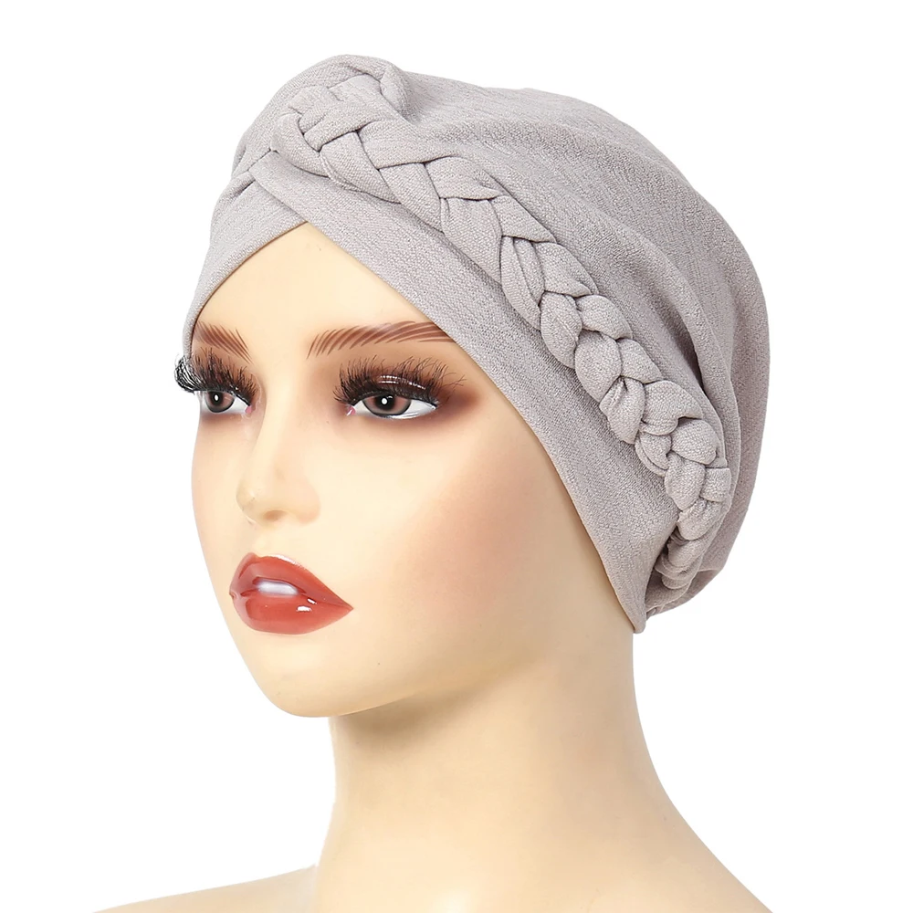 Hijab trança torção elegante para mulheres, chapéu de turbante rosa clássico, boné de cabelo feminino poliéster, lenço cáqui, primavera e outono