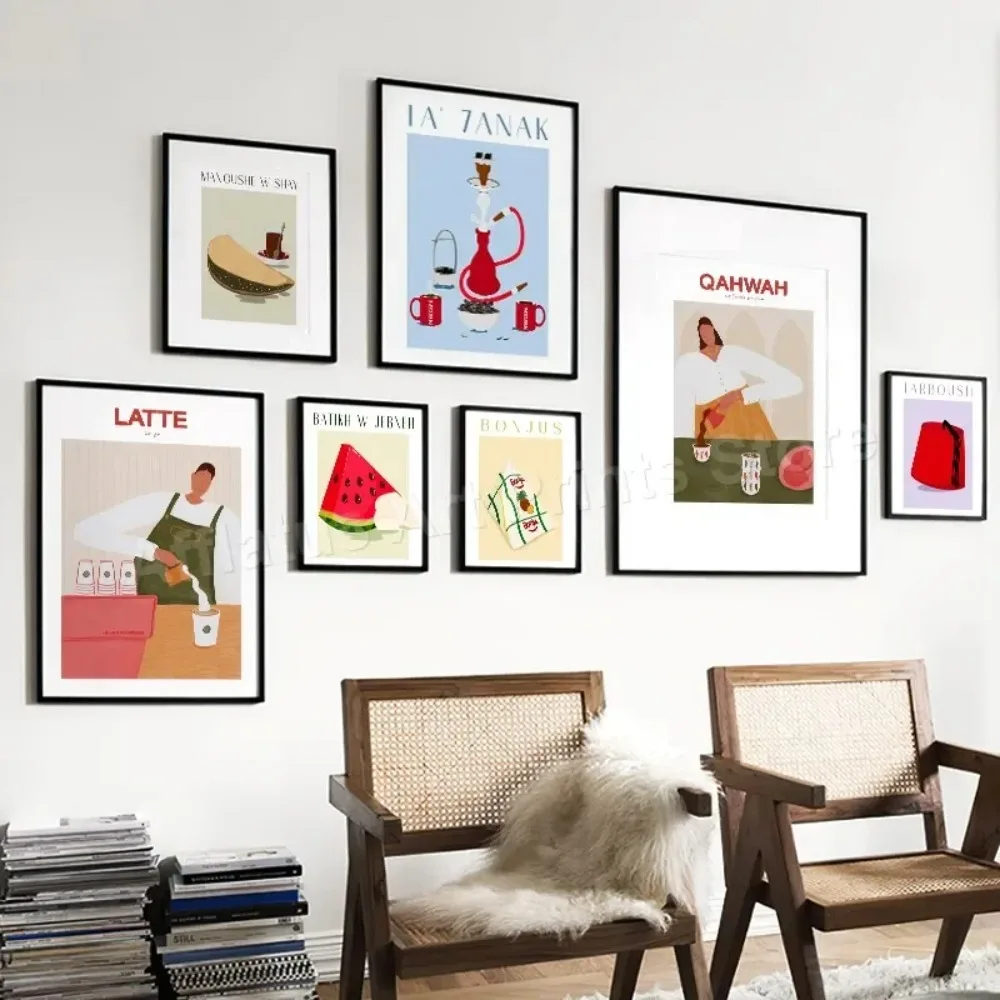 مجردة القهوة الشيشة البطيخ لبنان Bonjus الغذاء منتصف القرن الملصقات ل جدار الفن قماش الرجعية يطبع ديكور المطبخ