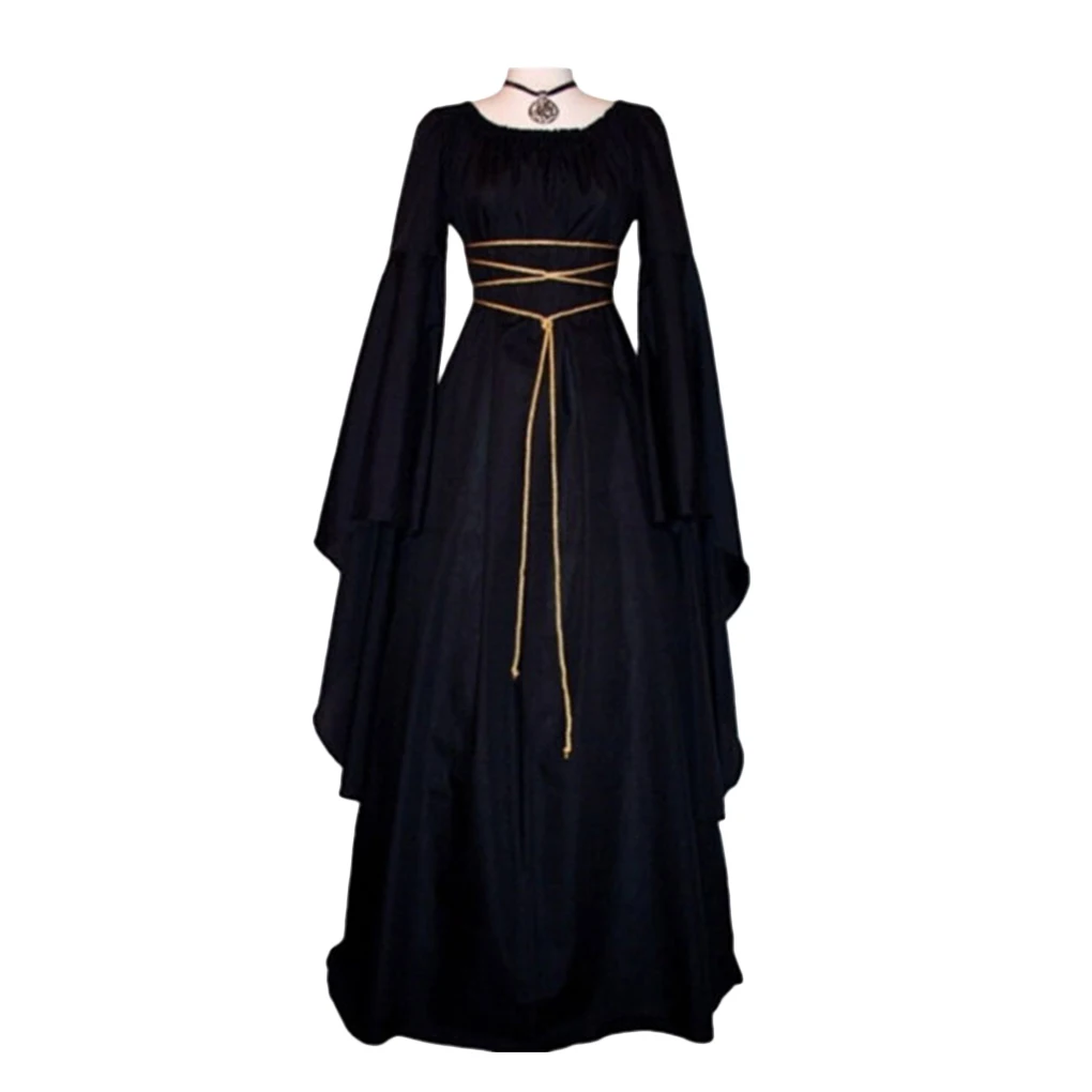 Women Long Sleeve Round Neck Party Maxi Belt Dress Halloween Cosplay Costume