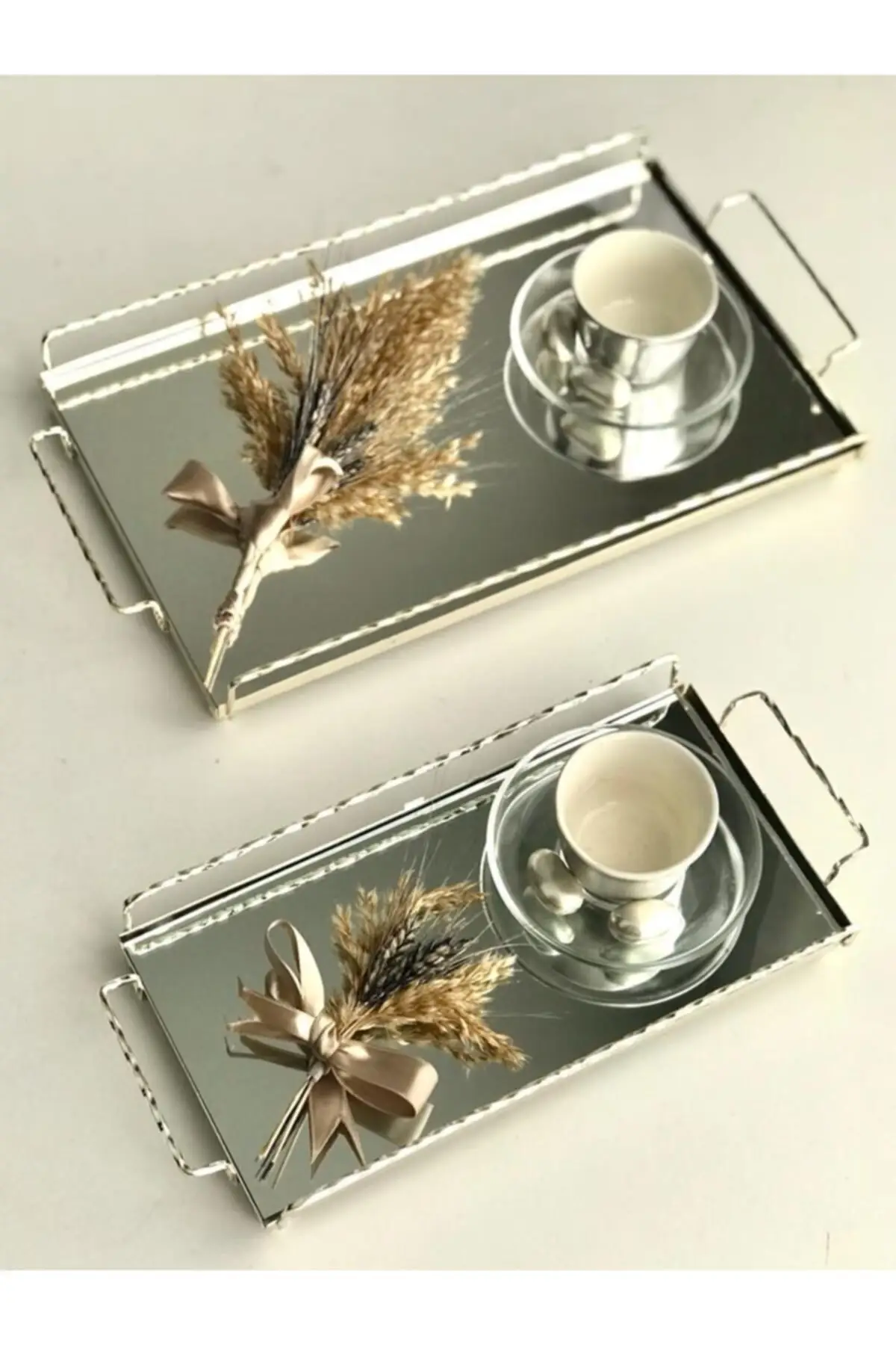 Silver Mirrored Tray Set - Serving and Serving Tray - Channel Auger Square Handle Silver 2 Pieces