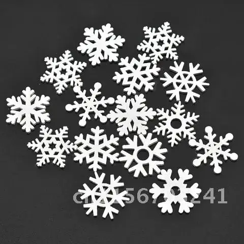 50Pcs 35mm Mix Shape Wooden White Snowflakes Christmas Ornaments Xmas Wood Pendant 2022 New Year Christmas Decorations for Home