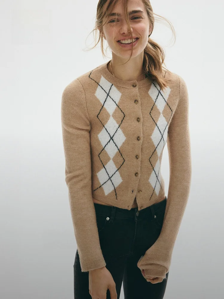 

H&M Women's Knitted Cardigan round Ne Lazy Patterned Diamond id Open Front Coat Casual Sle Regular Thin Long Sve