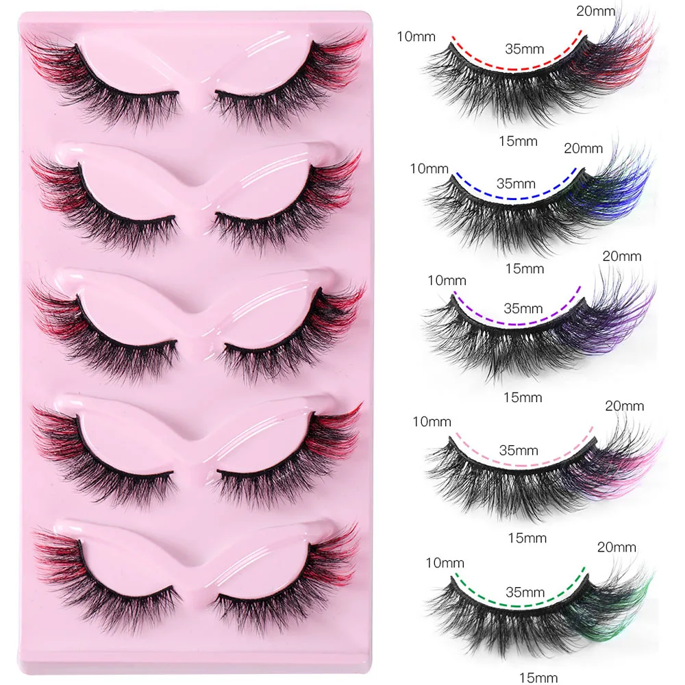 5 Pairs Cat-Eye Colored Makeup Lashes Fluffy Mink Lashes with Color 8D Volume Thick Fake Eyelashes Dramatic Wispy LasMink Lashes