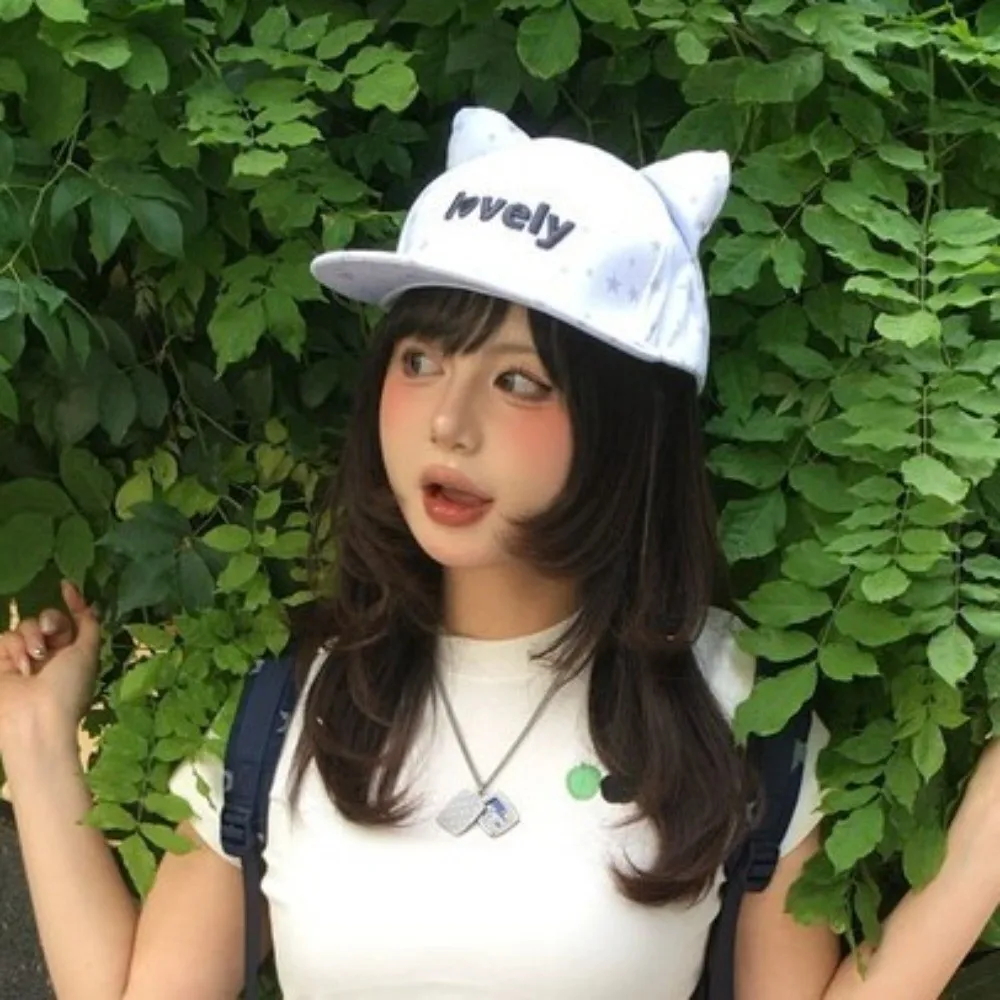

Повседневная бейсболка Kawaii с кошачьими ушками, девчачья дышащая бейсболка со звездным узором, регулируемая милая фуражка Y2K для путешествий