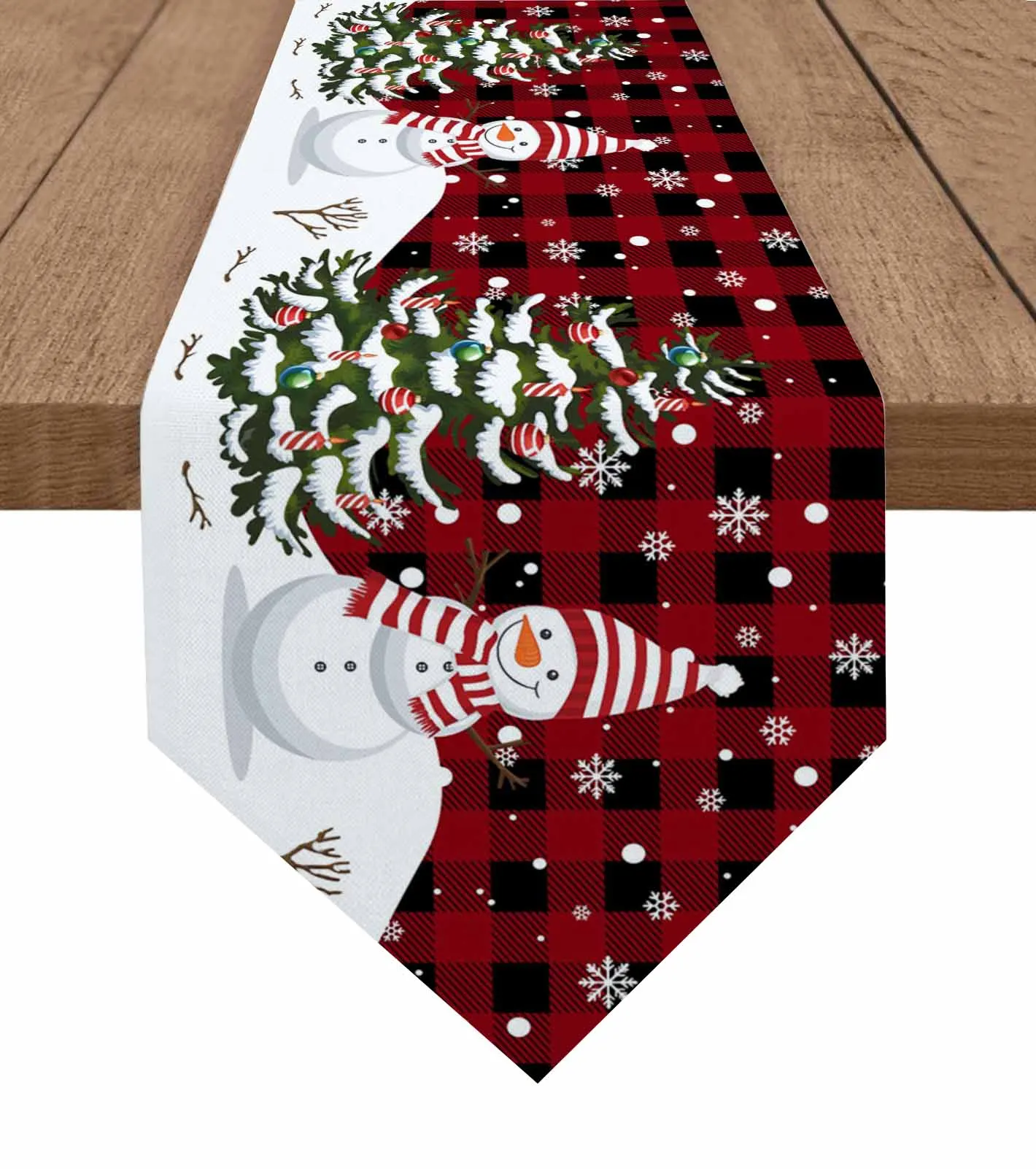 

Зимний красный клетчатый рождественский снеговик, дорожка для стола, хлопково-льняной декор для свадебного стола, скатерть, кухонный декор