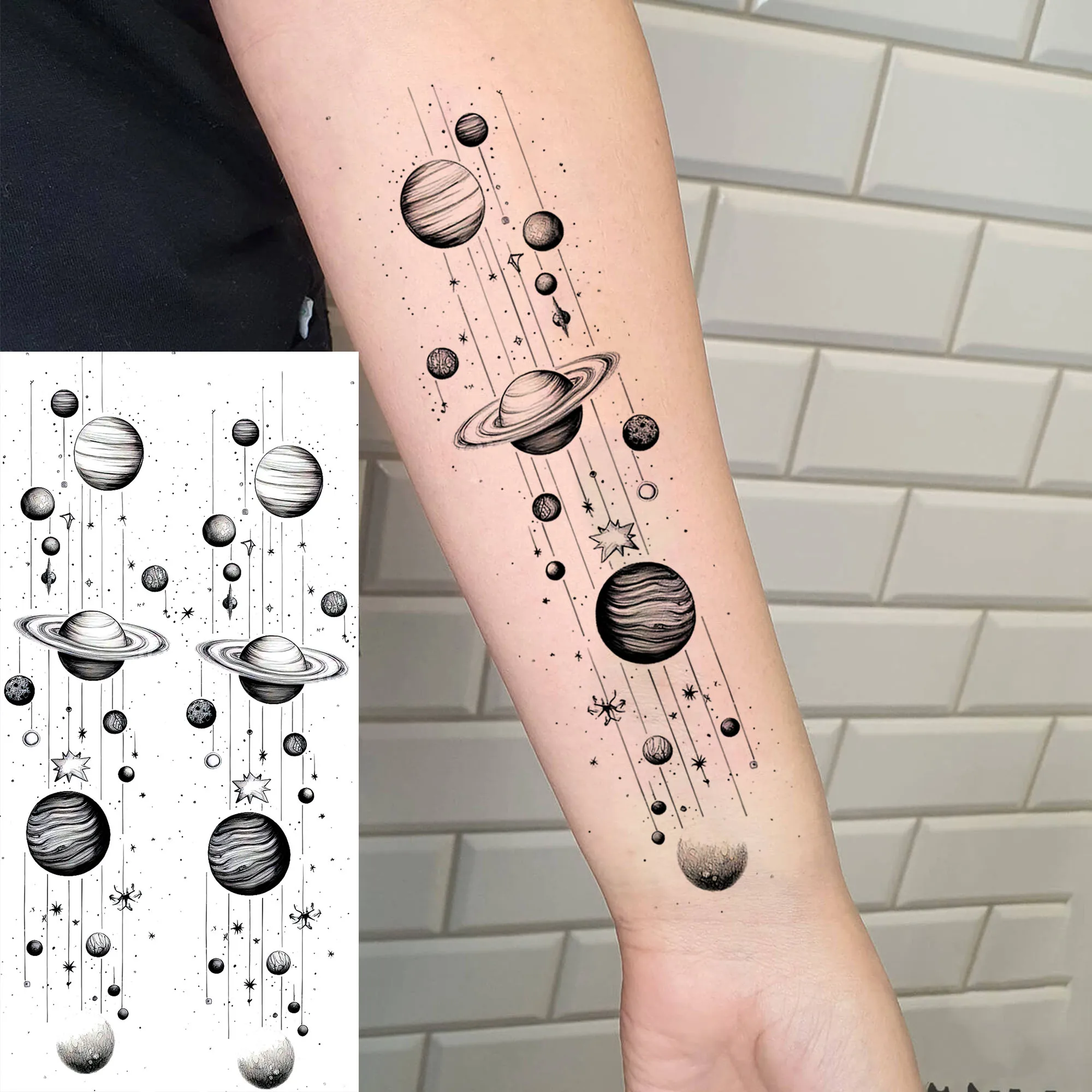 1 Sheet Creative Watercolor Universe Planets Temporary Tattoos For Men Women Waterproof Realistic Fake Tattoo Stickers Last Long 6