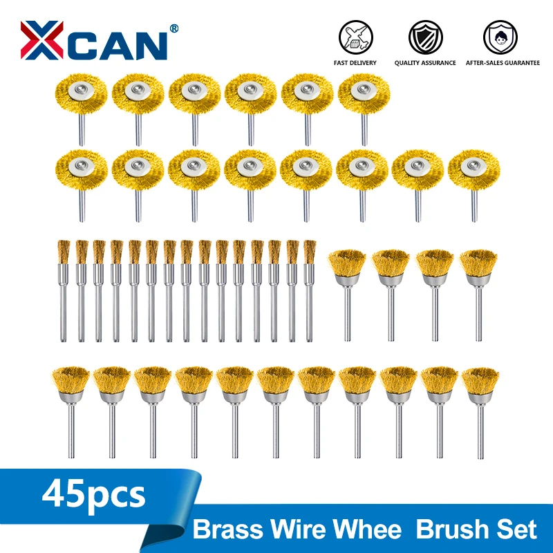 XCAN 45pcs Steel Wire Brass Brush Set Polishing Grinding Wheel T-shaped Brush Accessories for Dremel Rotary Tool
