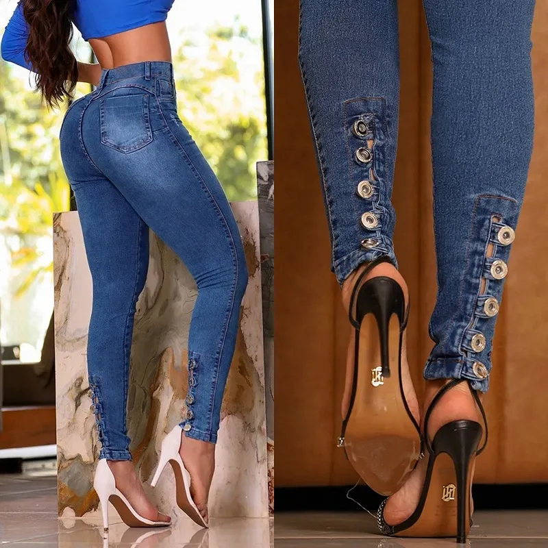 

2026 Spring New High Waist Elastic Slimming Hip Lift Row Button Ankle Length Jeans Women Dark Blue Fashion Trendy