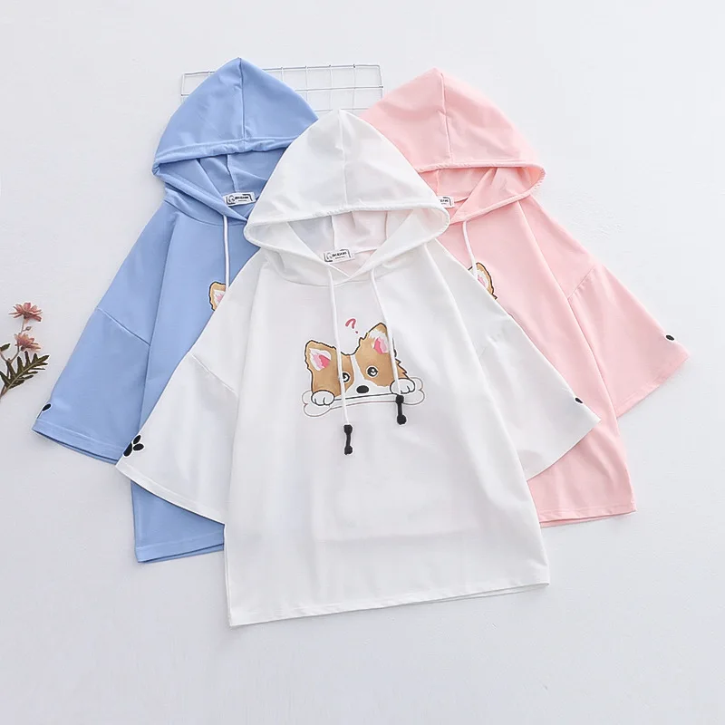 2024 Summer New Cute Tshirt Women Cartoon Corgi Print Hooded T-shirt Harajuku Aesthetic Tee Top Teenager Girls Kawaii Clothes