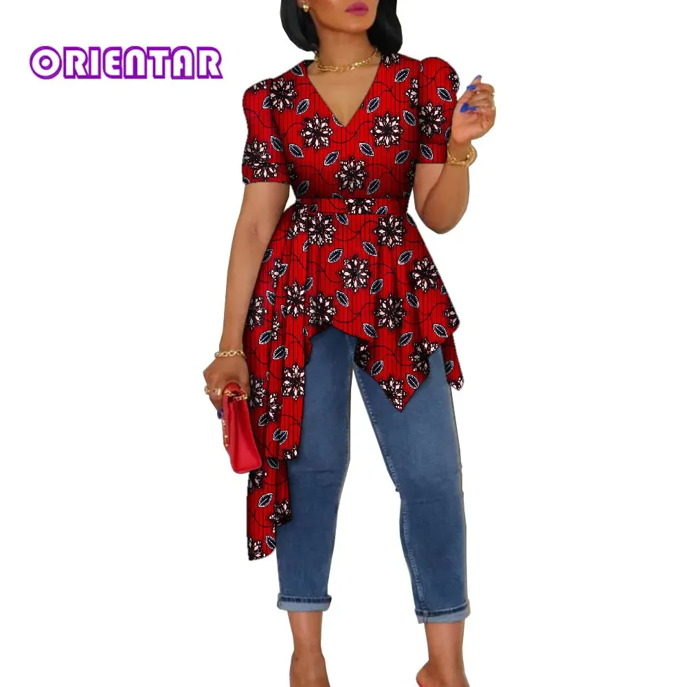 

Women Shirt Top African Clothes for Women Dashiki Women Short Sleeve Shirt V-neck Fashion African Top Plus Size Wy9921