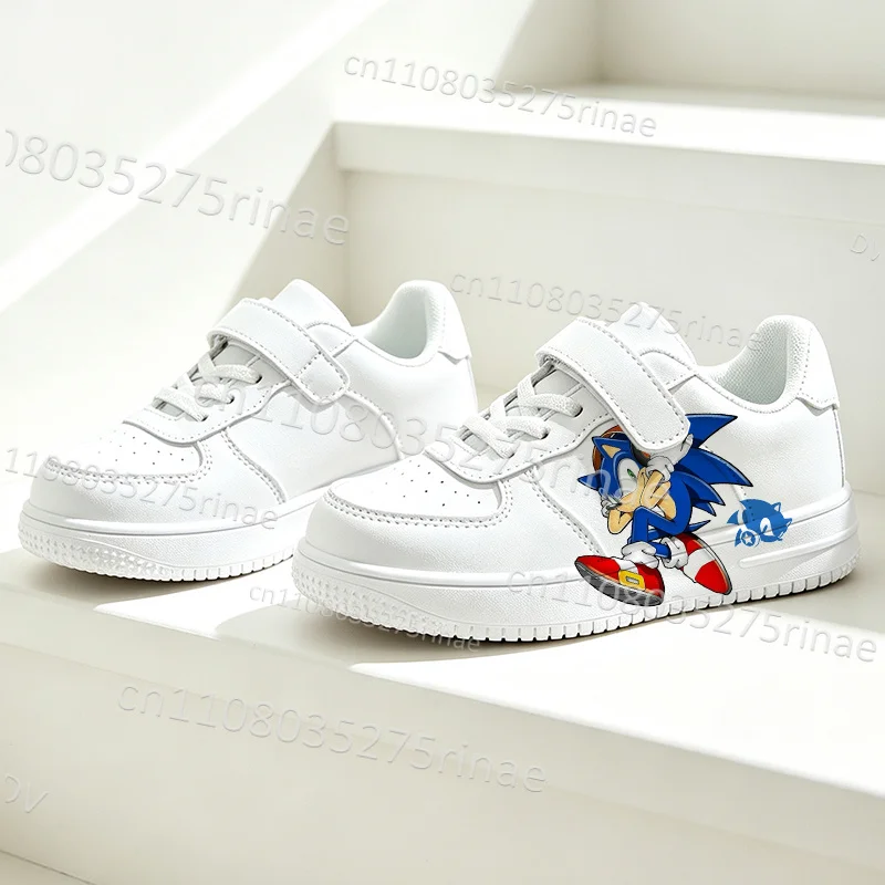 S-Sonics Blue Cartoon Print Kawaii Kids White Board Shoes Simple Fashion Trend Soft Sole Boys Girls Flat Shoes Gift for Him