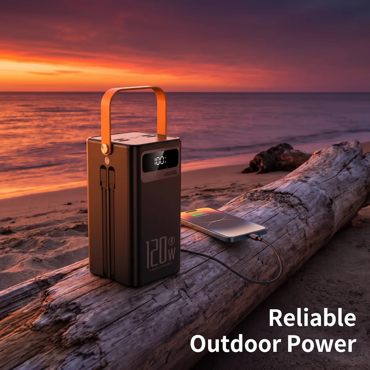 KP302 Portable Charger Power Bank 50000mAh Black with Detachable Built in Cable Camping Light Smart Digital Display 22.5W Fast Charge 4 USB Output 3 Input Ports Support 7 Devices Charging Simultaneously with Hand Strap