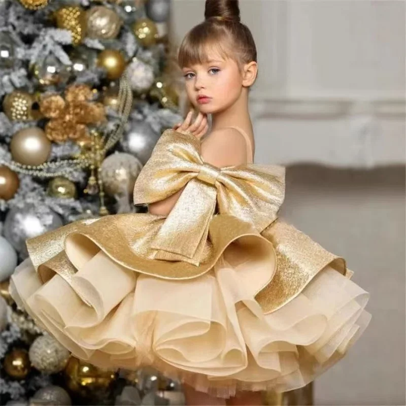 

Puffy Gold Satin Flower Girl Dresses Knee Length Glitter Wedding Party Dress Bow Toddler Baby Birthday Pageant Ballet Tutu Dress
