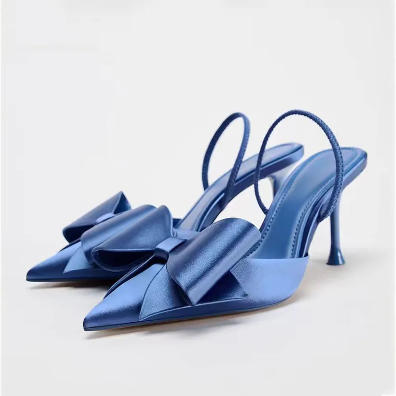 TRAF French Retro Blue Bow High Heels New  Point Head Stilettos Slingbacks For Woman Women Elegant Satin Fabric Sandals Shoes