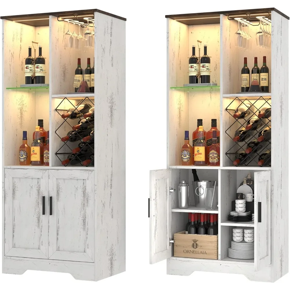 

Wine Bar Cabinet with LED Lights, Tall Liquor Storage Featuring Tempered Glass Doors and Adjustable Shelves, Farmhouse Home Bar