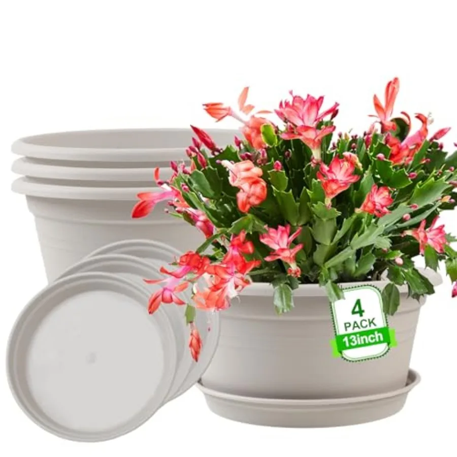 

Большие круглые пластиковые горшки для растений (4 шт.) с дренажным отверстием и поддоном для уличных растений, декоративные, для крупных цветов