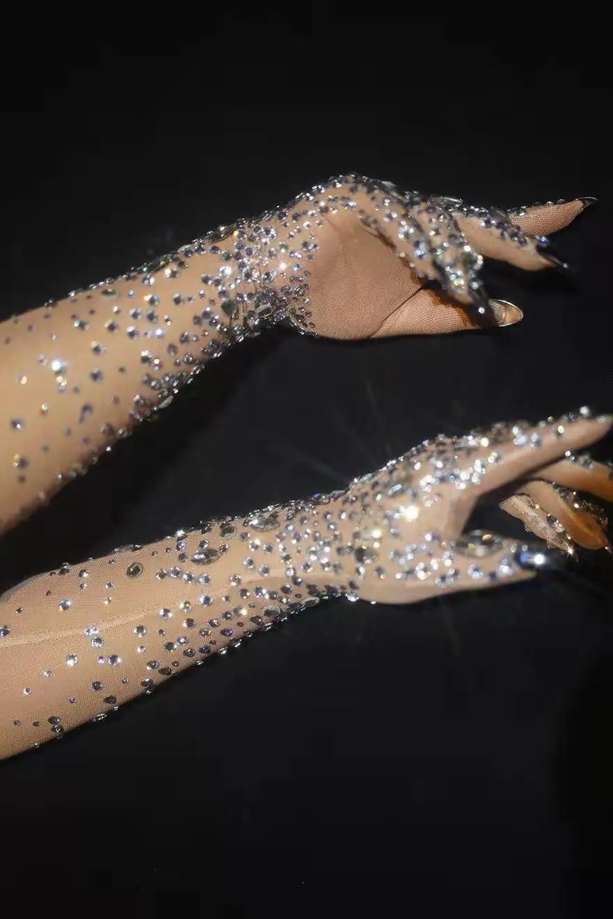 Luxurious Women Sparkly Crystal Mesh Long Gloves Dancer Singer Nightclub Dance Stage Show Accessories Stretch Rhinestones Glove