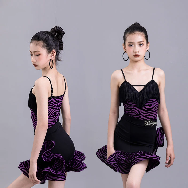 

Fashion Girls Latin Dance Dresses Purple Striped Top Skirts Kids Performance Chacha Latin Dance Costume Stage Wear SL10776
