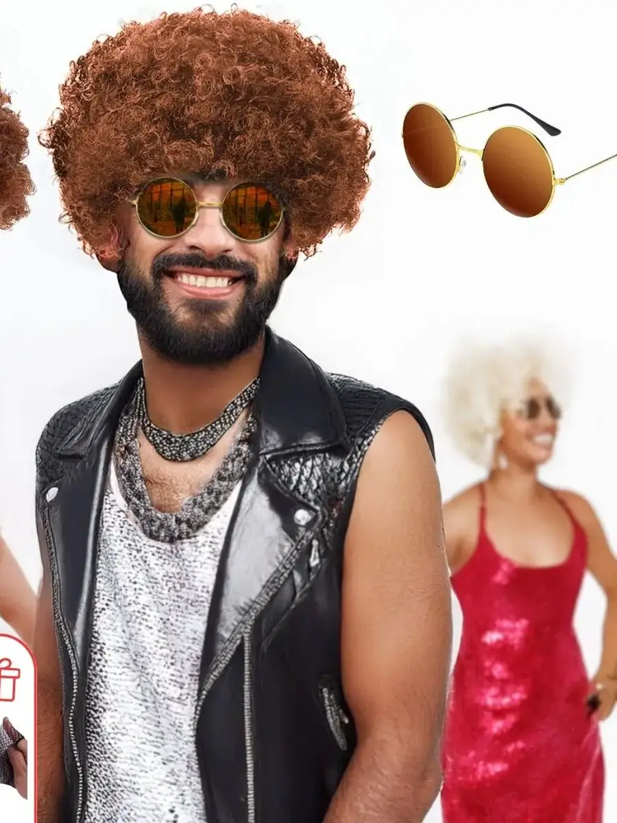 Perruque synthétique bouclée et moelleuse de Style Disco pour hommes, avec lunettes, cadeaux de fête ou de Costume de Cosplay