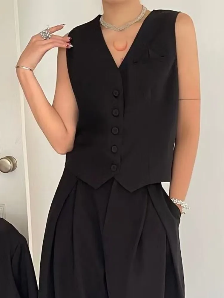 BJTZ Cor Pura Design Simples Sense 2025 Primavera E Outono Novo Temperamento All-in-one Feminino Com Decote Em V Casaco Colete Conjunto