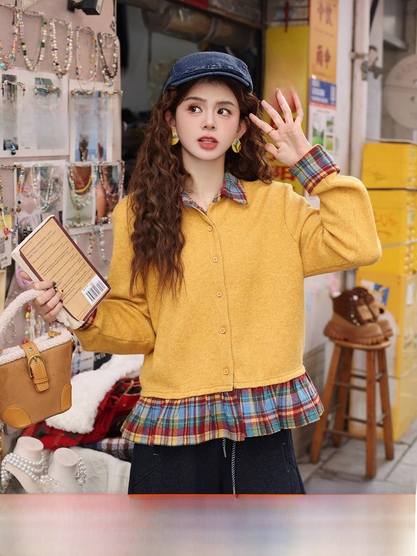 

Женская теплая рубашка с длинным рукавом в стиле ретро от Chen Jiajie, имитация двухслойности, с принтом по всей поверхности, в гонконгском стиле