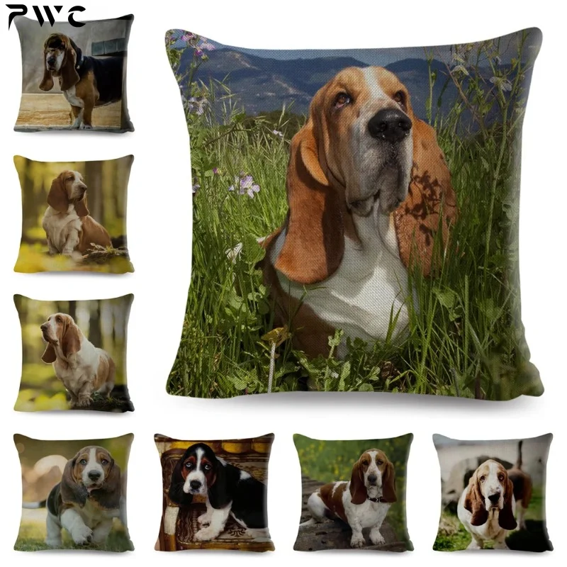 45x45cm Pet Cute Basset Hound Dog Pillow Case Decor Animal Printed Cushion Cover for Sofa Home Car Throw Linen Pillowcase