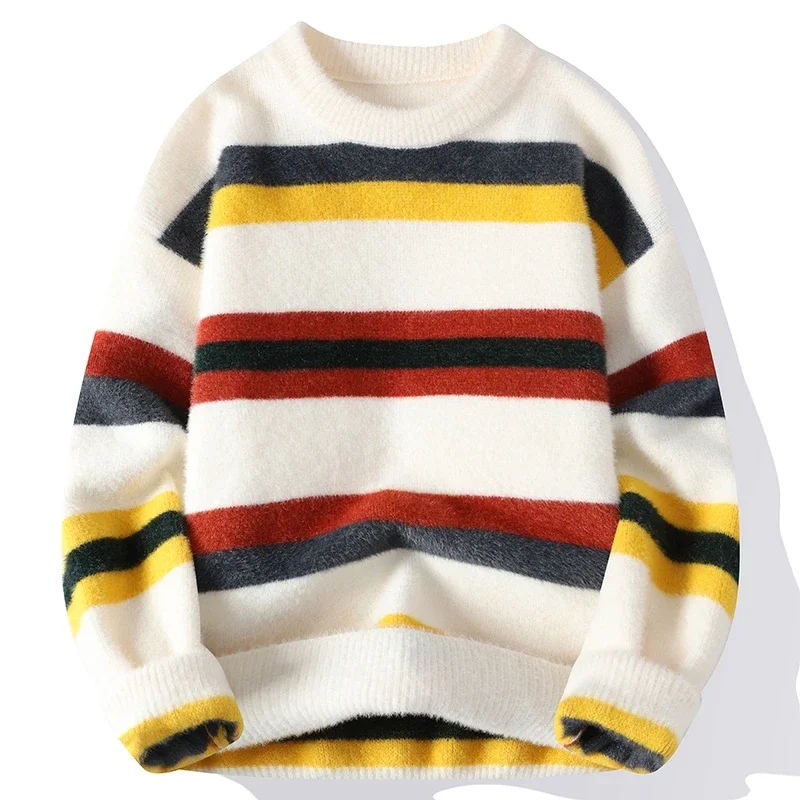 

Men's Luxury Mink Cashmere Sweater, Soft and Comfortable Pullover, Keep Warm, Striped, High End, Winter, New, 2024